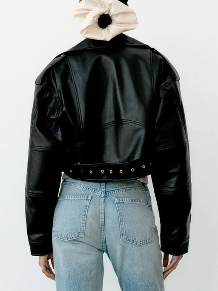 Women’s cropped biker jacket with a belt at the waist - J&B; - 4 - London-stylehouse.com